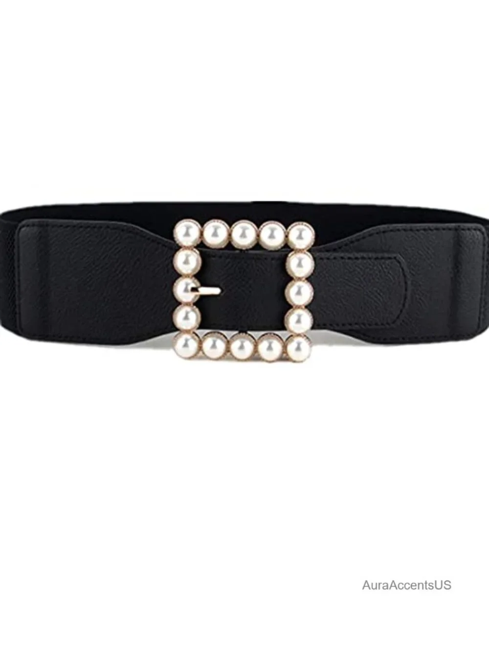 Wide Elastic Stretch Rhinestone Square Buckle Belt for Women Dresses Party
